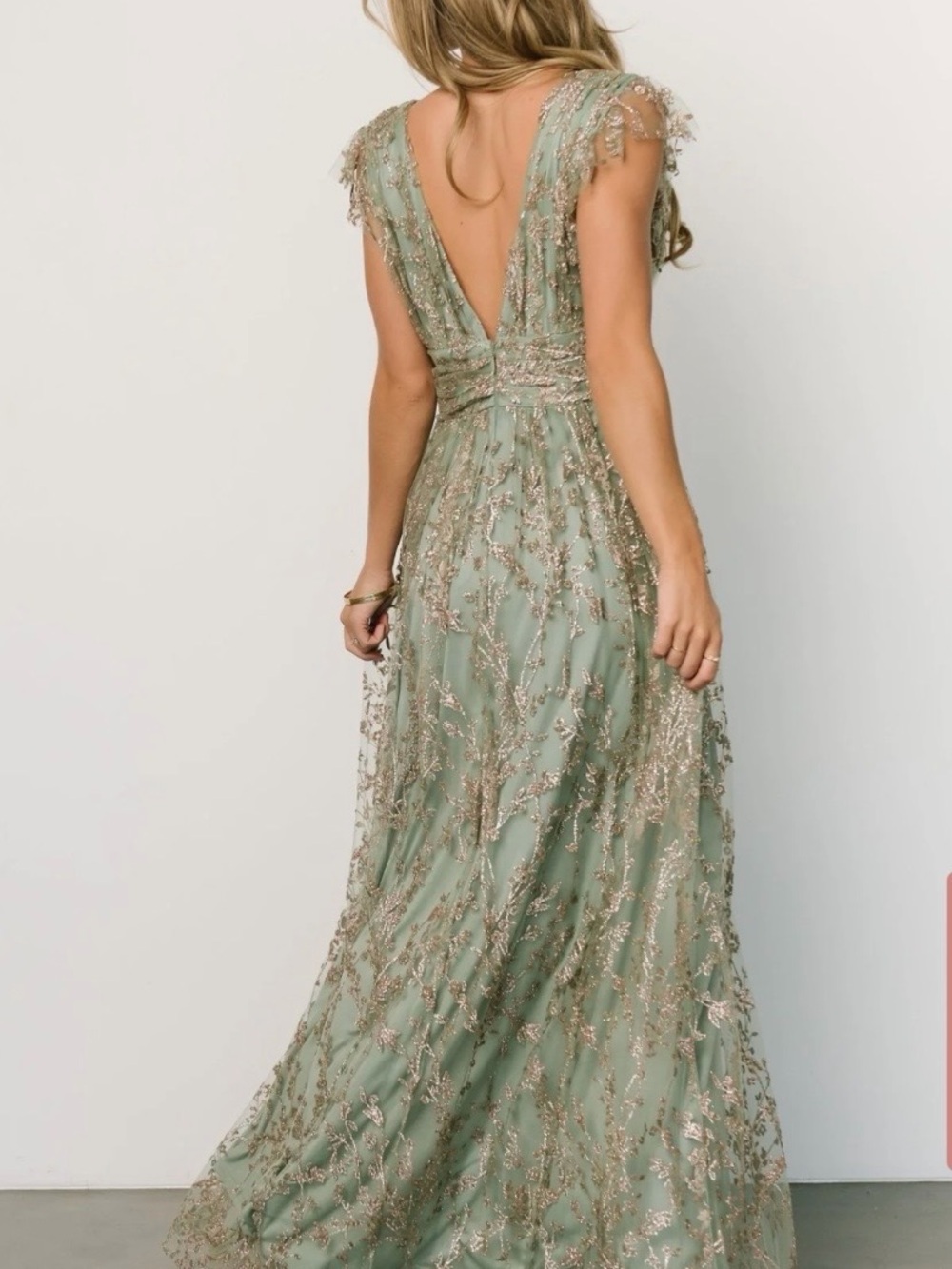 Baltic Born Arlene Shimmer Gown | Sage Green & Gold | Size Large - Picture 3 of 4